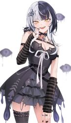 Rule 34 | 1girl, absurdres, arm strap, arm warmers, belt, black belt, black choker, black dress, black gloves, black hair, black nails, blurry, blurry background, breasts, choker, cleavage, dress, eevyart, fangs, fingerless gloves, fur trim, gloves, grey hair, hair ornament, highres, hololive, hololive english, jewelry, lace, lace choker, large breasts, layered dress, long hair, looking at viewer, multicolored hair, nail polish, open mouth, ring, shiori novella, shiori novella (1st costume), short dress, sleeveless, sleeveless dress, smile, solo, split-color hair, teeth, two-tone hair, upper teeth only, virtual youtuber, white background, white hair, yellow eyes, yorick (shiori novella)