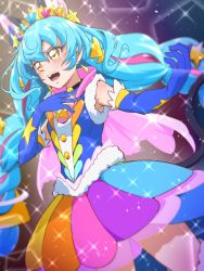 Rule 34 | 1girl, animal ear fluff, animal ears, blue gloves, blue hair, blush, cat ears, commentary request, cure cosmo, cure cosmo (twinkle style), elbow gloves, gloves, long hair, magical girl, multicolored clothes, multicolored hair, multicolored skirt, open mouth, precure, skirt, solo, star twinkle precure, tears, teeth, tiara, tj-type1, twintails, upper teeth only, yellow eyes, yuni (precure)