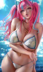 Rule 34 | 1girl, arm under breasts, artist name, azur lane, bare shoulders, bikini, blue sky, blush, breasts, bremerton (azur lane), cleavage, cloud, commentary, english commentary, female focus, headgear, heart, heart necklace, jewelry, large breasts, matching hair/eyes, mole, mole under eye, multicolored hair, navel, necklace, ocean, open mouth, patreon username, pink eyes, pink hair, sakimichan, side-tie bikini bottom, sidelocks, signature, skindentation, sky, solo, streaked hair, swimsuit, thighs, tongue, tongue out, twintails, underboob, water, watermark, web address, white bikini