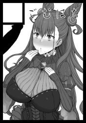 Rule 34 | 1girl, black border, blush, border, breasts, brooch, circle cut, cone hair bun, corset, covering own mouth, dress, erection, fate/grand order, fate (series), gomu (chewinggom), greyscale, hair bun, hair ornament, hand over own mouth, hand up, jewelry, large breasts, long sleeves, monochrome, murasaki shikibu (fate), parted lips, penis, penis awe, simple background, sleeves past wrists, solo focus, upper body, white background, wide-eyed