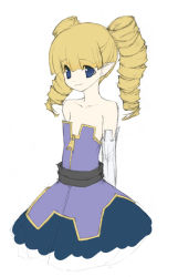 Rule 34 | 1girl, archer (disgaea), bare shoulders, blonde hair, blue eyes, demon girl, disgaea, drill hair, flat chest, flat color, harada takehito, naporu, nippon ichi, no legs, pointy ears, sketch, solo, twintails