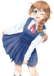 Rule 34 | 1girl, ;d, baba konomi, black socks, blue dress, blush, braid, breasts, brown hair, collared shirt, commentary request, dress, dress shirt, green eyes, hair over shoulder, idolmaster, idolmaster million live!, idolmaster million live! theater days, kneehighs, long hair, long sleeves, miri (ago550421), neck ribbon, one eye closed, open mouth, pinafore dress, pleated dress, red ribbon, ribbon, shirt, signature, simple background, single braid, sleeveless, sleeveless dress, sleeves past wrists, small breasts, smile, socks, solo, striped clothes, striped socks, v-shaped eyebrows, vertical-striped clothes, vertical-striped socks, white background, white shirt