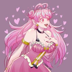 Rule 34 | 1girl, asmodeus amaryllis, bare shoulders, breasts, cleavage, demon girl, double bun, dress, fangs, fingernails, hair bun, hand on own chest, highres, jewelry, large breasts, long fingernails, long hair, mairimashita! iruma-kun, nail polish, necklace, pink dress, pink eyes, pink hair, pointy ears, red nails, user nphg7847, very long hair