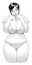 Rule 34 | 00s, 1girl, belly, blush, bra, breasts, cleavage, clothes lift, curvy, highres, hikaru no go, huge breasts, looking at viewer, md5 mismatch, mature female, monochrome, navel, orushibu, panties, plump, resized, shindou mitsuko, shirt lift, short hair, smile, solo, thick thighs, thighs, transparent background, underwear, white background, wide hips