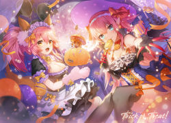 Rule 34 | 2girls, animal ears, apple caramel, blue eyes, breasts, candy, cleavage, elizabeth bathory (fate), elizabeth bathory (fate/extra ccc), english text, fate/grand order, fate (series), food, fox ears, frills, fujimaru ritsuka (female), halloween, halloween costume, highres, holding, holding candy, holding food, holding lollipop, large breasts, learning with manga! fgo, lollipop, looking at viewer, maid headdress, multiple girls, open mouth, pink hair, pointy ears, smile, swirl lollipop, tamamo (fate), tamamo cat (fate), trick or treat, yellow eyes