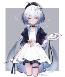 Rule 34 | 1girl, ahoge, beret, black choker, black hat, black jacket, choker, closed mouth, commentary request, cropped legs, dress, flower, grey background, grey hair, griseo, griseo (starry impression), hair between eyes, hair flower, hair ornament, hat, highres, holding, holding paintbrush, honkai (series), honkai impact 3rd, jacket, long hair, looking at viewer, low twintails, paintbrush, palette (object), puffy short sleeves, puffy sleeves, purple eyes, short sleeves, solo, striped, tare (tonikaku magaru), thigh strap, twintails, twitter username, two-tone background, vertical stripes, very long hair, white background, white dress, yellow flower