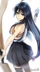 Rule 34 | 1girl, ahoge, bandeau, bare shoulders, black hair, black skirt, bow (weapon), brown eyes, from side, gloves, hadanugi dousa, hair ribbon, holding, holding bow (weapon), holding weapon, japanese clothes, kantai collection, kimono, long hair, low-tied long hair, open clothes, open kimono, partially fingerless gloves, partly fingerless gloves, pleated skirt, red ribbon, ribbon, shouhou (kancolle), simple background, skirt, solo, thighhighs, twitter username, weapon, white background, white gloves, yamashichi (mtseven), yugake