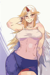 Rule 34 | 1girl, abs, arm behind back, bare shoulders, blonde hair, blush, bracelet, breasts, contrapposto, cowboy shot, embarrassed, hoshiguma yuugi, jewelry, large breasts, long hair, looking away, navel, parted bangs, parted lips, pointy ears, red eyes, sakurai energy, sarashi, solo, standing, touhou, underboob