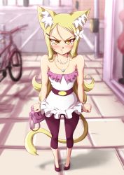 Rule 34 | 1girl, :t, animal ear fluff, animal ears, bag, bare arms, bare shoulders, belt, bicycle, black leggings, blonde hair, blush, cat ears, cat girl, cat tail, clenched hands, collarbone, commentary, day, dress, english commentary, flipped hair, flower, full body, hair flower, hair ornament, hairclip, jewelry, leggings, long hair, looking at viewer, mazume, necklace, original, outdoors, pout, road, solo, standing, strapless, strapless dress, street, tail, v-shaped eyebrows, very long hair, white dress, yellow eyes