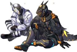 Rule 34 | 2boys, arm on knee, avatar (pso2), black bodysuit, black footwear, black jacket, black shorts, bodysuit, collared jacket, cropped jacket, cyborg, full body, glowing, hakidashi 11, jacket, male focus, masked, mechanical tail, multiple boys, muscular, muscular male, open clothes, open jacket, own hands clasped, own hands together, pants, phantasy star, phantasy star online 2, robot ears, shorts, simple background, sitting, tail, translation request, two-tone footwear, white background, white jacket, white pants