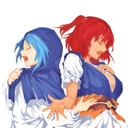 Rule 34 | 2girls, apron, belt, blue capelet, blue dress, blue hair, breasts, capelet, closed eyes, commentary request, cookie (touhou), dress, hair bobbles, hair ornament, hand on own chest, hand up, highres, hood, hooded capelet, kumoi ichirin, large breasts, long sleeves, multiple girls, nuppehofu (nibuta), onozuka komachi, open mouth, profile, puffy short sleeves, puffy sleeves, red hair, short hair, short sleeves, simple background, touhou, two side up, upper body, waist apron, white apron, white background, white dress
