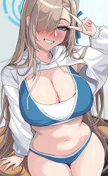 Rule 34 | 1girl, alternate costume, asuna (blue archive), blue archive, blue eyes, blue ribbon, blue sports bra, blush, breasts, brown hair, cleavage, commentary request, grey background, hair ornament, hair ribbon, halo, hand up, hella p, highres, korean commentary, large breasts, long hair, long sleeves, looking at viewer, mole, mole on breast, navel, one eye covered, parted lips, ribbon, simple background, smile, sports bra, sweater, teeth, thighs, two-tone sports bra, v, white sweater