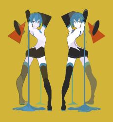 Rule 34 | 2girls, arms up, bad id, bad pixiv id, black skirt, blue hair, detached sleeves, full body, hatsune miku, long hair, mirror twins, multiple girls, sentakki, shapes, shirt, simple background, skirt, smile, thighhighs, twintails, twisted torso, very long hair, vocaloid