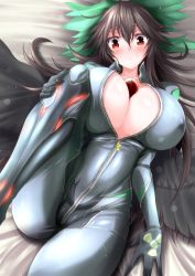 Rule 34 | 1girl, alternate costume, bed sheet, between breasts, black hair, black wings, blush, bodysuit, bow, breasts, commentary request, covered erect nipples, feathered wings, feet out of frame, g (genesis1556), green bow, grey bodysuit, hair between eyes, hair bow, highres, knee up, large breasts, long hair, looking at viewer, lying, on back, radiation symbol, red eyes, reiuji utsuho, shiny clothes, solo, sweat, thighs, touhou, unzipped, wings