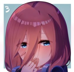 Rule 34 | 1girl, blue background, blue eyes, blush, covering own mouth, ddt (darktrident), eyes visible through hair, go-toubun no hanayome, hair between eyes, hair over face, hand over own mouth, headphones, headphones around neck, looking at viewer, medium hair, nakano miku, portrait, red hair, simple background, solo, upper body
