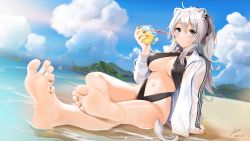 Rule 34 | 1girl, animal ears, barefoot, beach, black one-piece swimsuit, breasts, casino (casinoep), drink, feet, foot focus, foreshortening, grey eyes, grey hair, highres, holding, holding drink, hololive, jacket, large breasts, legs, lion ears, lion girl, lion tail, long hair, looking at viewer, nail polish, navel, one-piece swimsuit, shishiro botan, soles, swimsuit, tail, toenail polish, toenails, toes, two side up, virtual youtuber