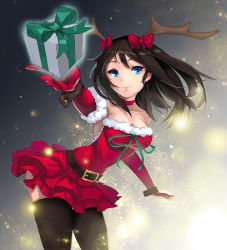 Rule 34 | 1girl, absurdres, anti (0324), antlers, arched back, bad id, bad pixiv id, bare shoulders, black thighhighs, blue eyes, bow, breasts, brown hair, choker, christmas, cleavage, collarbone, elbow gloves, fur trim, gift, gloves, hair bow, highres, horns, leaning forward, long hair, original, outstretched hand, red gloves, smile, solo, thighhighs, wrist cuffs