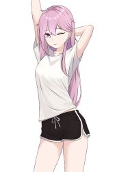 Rule 34 | 1girl, ahoge, arm behind head, arms up, bare legs, black shorts, breasts, casual, closed mouth, collarbone, cowboy shot, hair between eyes, highres, ichino nabana, long hair, looking at viewer, loose clothes, maha5, maha5japan, medium breasts, midriff peek, multicolored hair, myrica (ascasestina), one eye closed, pink eyes, pink hair, shirt, short shorts, short sleeves, shorts, solo, standing, streaked hair, stretching, t-shirt, thighs, transparent background, virtual youtuber, waking up, white shirt