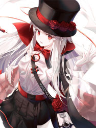 Rule 34 | 1girl, arknights, bag, black hat, character name, cowboy shot, flower, frostscent, hat, highres, official alternate costume, open mouth, pointy ears, red eyes, rose, see-through, shirt, shirt tucked in, shoulder bag, solo, tagme, top hat, warfarin (arknights), warfarin (the feast) (arknights), white background, white hair, white shirt