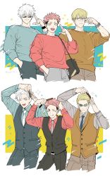 Rule 34 | 3boys, :p, adjusting eyewear, black suit, black vest, blonde hair, blue eyes, blue necktie, blue sweater, brown eyes, brown pants, brown sweater, brown vest, collared shirt, comb, commentary, formal, glasses, gojou satoru, hairdressing, hand in pocket, highres, holding, holding comb, itadori yuuji, jujutsu kaisen, long sleeves, looking at viewer, male focus, multiple boys, nanami kento, necktie, one eye closed, open mouth, pants, red shirt, red sweater, shirt, short hair, ssss7777 7, suit, sunglasses, sweater, symbol-only commentary, teeth, tongue, tongue out, upper teeth only, vest, watch, white hair