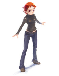 Rule 34 | 1girl, belt, breasts, closed mouth, denim, expressionless, full body, jacket, jeans, legs apart, long sleeves, looking at viewer, mole, mole under eye, outstretched arms, pants, red eyes, red hair, shadow, shiny clothes, short hair, simple background, small breasts, solo, spiked hair, spread arms, standing, turtleneck, very short hair, weno, zipper