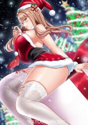 Rule 34 | 1girl, absurdres, christmas, christmas tree, dress, emma (color me red) (nikke), emma (nikke), goddess of victory: nikke, hat, highres, katou shinobu, light brown hair, long hair, looking at viewer, neck ribbon, official alternate costume, open mouth, panties, pantyshot, pom pom (clothes), red dress, red footwear, red panties, red ribbon, ribbon, santa hat, sleeveless, sleeveless dress, smile, solo, underwear