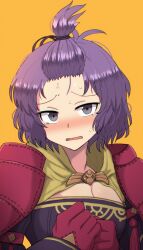 Rule 34 | 1girl, bernadetta von varley, blush, breasts, chromatic aberration, cleavage, fire emblem, fire emblem: three houses, fire emblem warriors: three hopes, front ponytail, furrowed brow, gloves, grey eyes, highres, hiramine akira, medium breasts, nintendo, nose blush, official alternate costume, official alternate hairstyle, open mouth, pink gloves, purple hair, short hair, simple background, solo, sweat, tears, topknot, upper body, yellow background