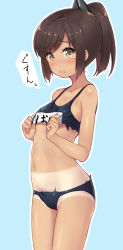 Rule 34 | 10s, 1girl, bare arms, blue background, blush, brown eyes, brown hair, cowboy shot, i-401 (kancolle), kantai collection, minamura haruki, navel, outline, ponytail, school swimsuit, simple background, solo, standing, stomach, swimsuit, tan, tanline, tareme, tears, torn clothes, torn swimsuit