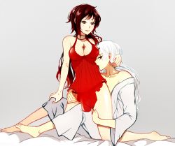 Rule 34 | 2girls, alternate hair length, alternate hairstyle, blue eyes, breasts, cleavage, kuma (bloodycolor), long hair, multiple girls, aged up, open clothes, panties, ponytail, red hair, ruby rose, rwby, scar, scar across eye, scar on face, see-through, underwear, weiss schnee, white hair, yuri