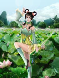 Rule 34 | 1girl, bare shoulders, black hair, breasts, brown eyes, chinese clothes, cloud, day, detached sleeves, dress, female focus, flower, green socks, hair flower, hair ornament, hair rings, hair tubes, jewelry, leaf, mountain, necklace, shoes, sidelocks, sky, smile, socks, solo, soul calibur, soulcalibur, soulcalibur v, strapless, strapless dress, sword, tree, weapon, yan leixia, zhangdiwaa