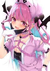 Rule 34 | 1girl, absurdres, ahoge, azuremo, bandaid, blue hair, bow, braid, breasts, cleavage, collar, collarbone, colored inner hair, earrings, fang, gloves, hair ribbon, hand on own hip, highres, hololive, jacket, jewelry, large breasts, long hair, looking at viewer, mask, mask pull, minato aqua, mouth mask, multicolored hair, open mouth, piercing, pink jacket, purple eyes, purple hair, ribbon, simple background, smile, solo, strap, streaked hair, two-tone hair, two side up, upper body, virtual youtuber, white background, white gloves