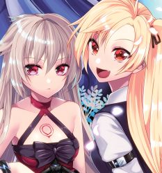 Rule 34 | 2girls, 70 (psyche666), :&lt;, :d, arm garter, azur lane, bare shoulders, blonde hair, breasts, cleavage, cleveland (azur lane), cleveland (gentry knight) (azur lane), closed mouth, collarbone, collared shirt, commentary request, dress, evening gown, fang, frown, grey hair, halterneck, highres, long hair, montpelier (azur lane), montpelier (persephone&#039;s throne) (azur lane), multiple girls, one side up, open mouth, parted bangs, red eyes, shirt, small breasts, smile, vest, white shirt