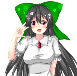Rule 34 | 1girl, :d, absurdres, arms behind back, black hair, bow, breasts, hair bow, hair ribbon, highres, large breasts, long hair, looking at viewer, nagisa otoha, open mouth, red eyes, reiuji utsuho, ribbon, smile, solo, touhou, v, white background