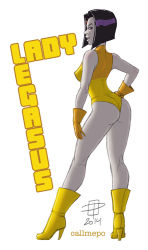 Rule 34 | 1girl, alternate costume, ass, bare legs, bob cut, boots, breasts, call me po, callmepo, colored skin, dc comics, forehead jewel, from behind, gloves, grey skin, hand on own hip, high heel boots, high heels, lady legasus, leotard, purple eyes, purple hair, raven (dc), smile, solo, teen titans, thong leotard
