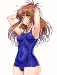 Rule 34 | 1girl, ^^^, armpits, arms behind head, bad id, bad pixiv id, blush, breasts, brown eyes, brown hair, hair bobbles, hair ornament, impossible clothes, impossible swimsuit, long hair, looking at viewer, navel, nyamota, one-piece swimsuit, open mouth, orange eyes, school swimsuit, skin tight, solo, swimsuit, to love-ru, toned, yellow eyes, yuuki mikan