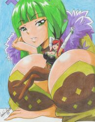 Rule 34 | 2022, 2girls, absurdres, animal ears, armpits, arms up, brandish mew, breasts, cleavage, commission, covered navel, erza scarlet, fairy tail, fake animal ears, feet, giant, giantess, green eyes, green hair, hair over one eye, hand on own cheek, hand on own face, highres, huge breasts, large breasts, leotard, multiple girls, open mouth, pantyhose, playboy bunny, rabbit ears, ravernclouk design, red eyes, red hair, size difference, stretching, traditional media