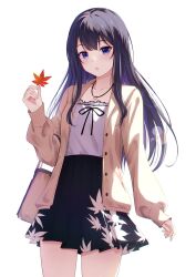 Rule 34 | 1girl, autumn leaves, bag, black hair, blue eyes, blush, dress, handbag, highres, holding, holding leaf, idoly pride, jacket, jewelry, leaf, leaf print, long hair, looking at viewer, miyar2d2, nagase kotono, necklace, open mouth, simple background, skirt, solo, white background
