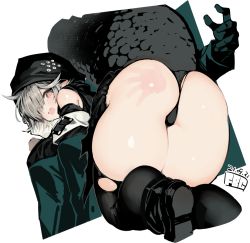 Rule 34 | 1girl, arknights, ass, ass focus, black panties, crocodilian tail, fbc, head tilt, huge ass, panties, pointy ears, simple background, solo, spanked, tail, tears, thighhighs, tomimi (arknights), torn clothes, transparent background, underwear, white hair