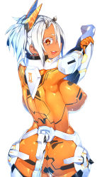 Rule 34 | 1girl, 23 (real xxiii), armor, ass, back, bodysuit, breasts, dark skin, dark-skinned female, earrings, covered erect nipples, highres, impossible clothes, jewelry, large breasts, looking at viewer, original, phantasy star, phantasy star online 2, silver-haired girl (23), silver hair, skin tight, smirk, solo, thigh gap, toned, tongue, tongue out, twintails, yellow eyes, zelsius