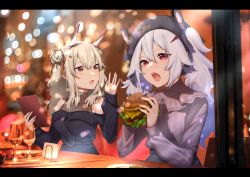Rule 34 | 2girls, animal ears, ayanami (azur lane), azur lane, bare shoulders, black dress, black headwear, black ribbon, black skirt, blurry, blurry background, brown eyes, burger, character name, commentary request, cup, depth of field, double bun, dress, drinking glass, food, hair between eyes, hair bun, hair ornament, hair ribbon, hairclip, headgear, holding, holding food, karinto yamada, laffey (azur lane), letterboxed, light brown hair, long hair, long sleeves, looking at viewer, multiple girls, off-shoulder dress, off shoulder, open mouth, purple shirt, rabbit ears, red eyes, red ribbon, ribbon, shirt, silver hair, sitting, skirt, sleeves past wrists, table, twintails, wine glass