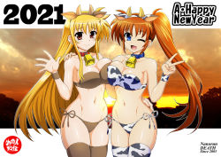 Rule 34 | 2021, 2girls, animal ears, animal print, arm on another&#039;s shoulder, bell, neck bell, bikini, blonde hair, blue eyes, blush, breast press, breasts, brown hair, brown legwear, chinese zodiac, cleavage, collar, cow ears, cow horns, cow print, cowbell, fake animal ears, fake horns, fate testarossa, female focus, hair between eyes, hairband, hand on another&#039;s hip, happy new year, horns, large breasts, long hair, looking at viewer, lyrical nanoha, midriff, multiple girls, navel, nengajou, new year, one eye closed, open mouth, red eyes, side-tie bikini bottom, side ponytail, skindentation, smile, strapless, strapless bikini, sunset, swimsuit, symmetrical docking, takamachi nanoha, thighhighs, tsukamoto takashi, v, very long hair, wink, wrist cuffs, year of the ox