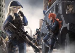 Rule 34 | 2boys, 4girls, :d, accuracy international, ahoge, alternate costume, amber (genshin impact), armored vehicle, assault rifle, ax50, battle rifle, black gloves, black hair, black jumpsuit, blue eyes, blurry, bomb, boots, brown hair, building, bulletproof vest, c4, cable, carrying, combat boots, combat knife, commentary, contemporary, depth of field, diluc (genshin impact), dodoco (genshin impact), driving, elbow pads, english commentary, english text, explosive, eyepatch, genshin impact, gloves, green eyes, grin, gun, hair between eyes, hairband, hat, headset, heckler & koch, heckler &amp; koch, helmet, highres, hilichurl (genshin impact), hk417, holding, holding gun, holding knife, holding weapon, instagram username, jean (genshin impact), jumpsuit, kaeya (genshin impact), klee (genshin impact), knee boots, knee pads, kneehighs, knife, light brown hair, lisa (genshin impact), long hair, long sleeves, looking at another, looking away, looking up, low ponytail, mhunter 45, multiple boys, multiple girls, open mouth, orange eyes, over shoulder, pocket, ponytail, red eyes, red hair, riding, rifle, ruin guard (genshin impact), sidelocks, skyline, skyscraper, smile, smoke, socks, tactical clothes, trigger discipline, walking, weapon, weapon over shoulder