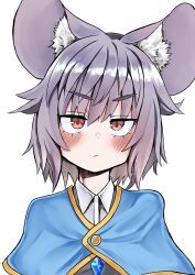 Rule 34 | 1girl, absurdres, animal ear fluff, animal ears, blue capelet, blush, breasts, capelet, closed mouth, collared shirt, commentary request, crystal, ginger ale (syouga 6383), grey hair, grey vest, highres, jewelry, looking at viewer, mouse ears, mouse girl, nazrin, pendant, portrait, shirt, short hair, simple background, small breasts, solo, touhou, vest, white background, white shirt