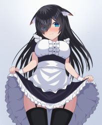 Rule 34 | 1girl, absurdres, animal ear fluff, animal ears, black hair, black thighhighs, blue eyes, blush, breasts, closed mouth, cowboy shot, dress, embarrassed, eyelashes, eyes visible through hair, forehead, frilled dress, frilled shirt, frills, garter straps, highres, large breasts, lifting own clothes, long hair, looking at viewer, maid, medium breasts, mikeran5648, original, parted bangs, shirt, short sleeves, simple background, solo, thighhighs, wavy hair, white background, wrist cuffs