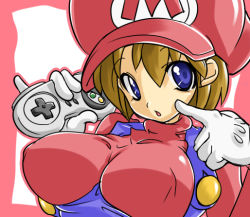 Rule 34 | 1girl, blue eyes, breasts, brown hair, chris (mario), controller, game console, game controller, genderswap, genderswap (mtf), gloves, hat, large breasts, mario, mario (series), nintendo, overalls, pinky out, solo, super famicom, super nintendo