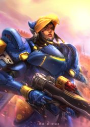 Rule 34 | 1girl, absurdres, armor, black hair, braid, commentary, dark-skinned female, dark skin, english commentary, eye of horus, facial tattoo, helmet, highres, hitomitqx, holding, holding weapon, lips, mechanical wings, nose, overwatch, overwatch 1, pharah (overwatch), power armor, rocket launcher, solo, tattoo, weapon, wings