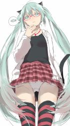 Rule 34 | 1girl, animal ears, bad id, bad pixiv id, cat ears, cat tail, fei (songyijie), glasses, green eyes, green hair, hatsune miku, highres, jewelry, kocchi muite baby (vocaloid), long hair, matching hair/eyes, nail polish, necklace, panties, pantyshot, simple background, sketch, skirt, solo, striped clothes, striped thighhighs, tail, thighhighs, twintails, underwear, upskirt, very long hair, vocaloid, white background