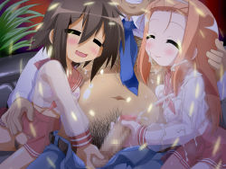Rule 34 | 00s, blush, brown hair, censored, cum, closed eyes, highres, kusakabe misao, lucky star, minegishi ayano, open mouth, penis, pubic hair, smile, studio sunadokei, tagme