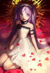Rule 34 | 1girl, absurdres, bare legs, bare shoulders, black flower, choker, dress, euryale (fate), fate/grand order, fate/hollow ataraxia, fate (series), female focus, flower, happy, headdress, heart, highres, legs, long hair, looking at viewer, open mouth, petals, purple eyes, purple hair, sleeveless, sleeveless dress, smile, solo, twintails, white dress