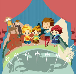 Rule 34 | 1girl, 4boys, animal, bell tower, blonde hair, blue background, blue dress, blue eyes, blue shirt, blush stickers, boat, boney, brown dog, brown facial hair, brown hair, brown headwear, brown shorts, claus (mother 3), dragon, dress, duster (mother), facial hair, fence, glasses, goatee, hitofutarai, holding hands, kumatora, leder, long sleeves, lucas (mother 3), medium sideburns, mother (game), mother 3, mountain, multiple boys, mustache, nintendo, open mouth, pants, red curtains, red footwear, red hair, red pants, shirt, shorts, smile, solid oval eyes, striped clothes, striped shirt, watercraft, white facial hair